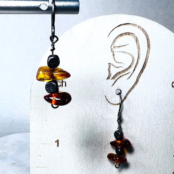 OOAK Silver 925 Earrings Artisan Made Cognac Amber Dangle Earrings Wire Hooks - Picture 3 of 6